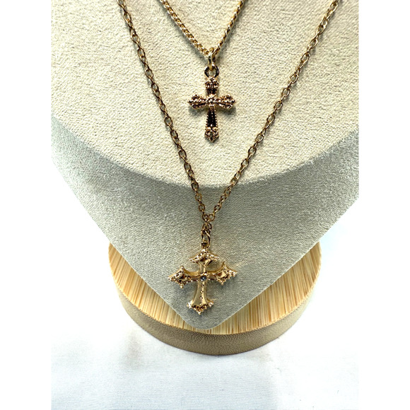 Double Cross Necklace Rose Gold Tone Metal Layered Style Fashion Jewelry Gift - Picture 2 of 5